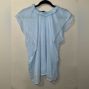 Zara Women's Light Icy Blue Ruffle Sleeveless High Neck Sheer Blouse Shirt Top